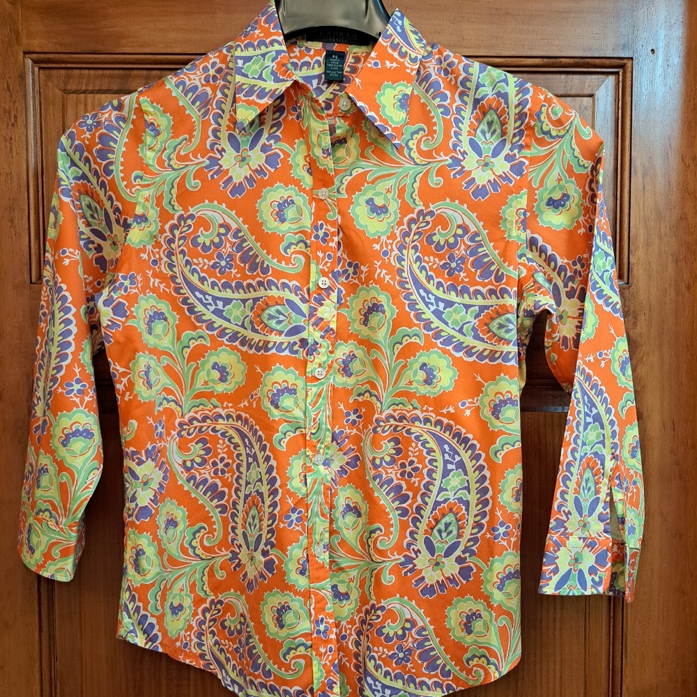 Lauren Ralph Lauren Petites Paisley Floral Orange Purple 3/4 sleeve button down